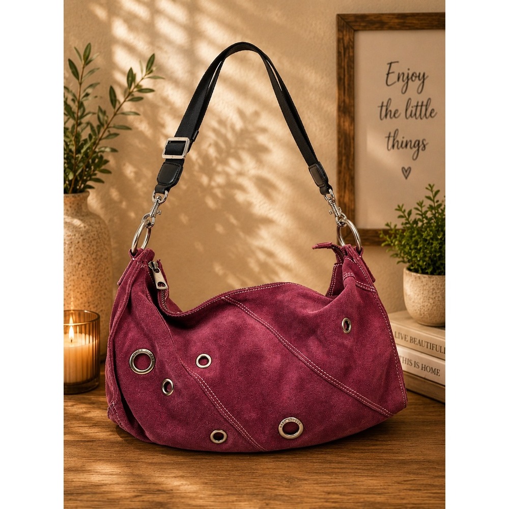 Marc Jacobs Burgundy Suede Grommet Hobo Bag Silver Hardware Shoulder Bag